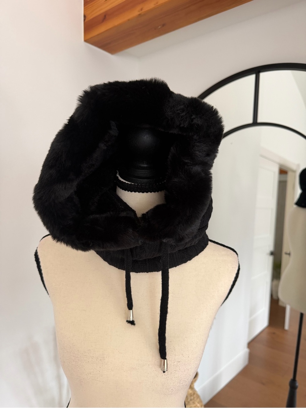 Black Faux Fur Hooded Neck Warmer